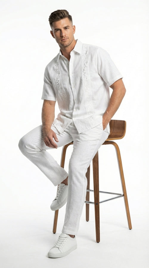 Mens White Embroidered Walking Suit Set ā Short Sleeve Shirt and Pants Casual Summer Outfit for Vacation, Beach and Everyday Wear