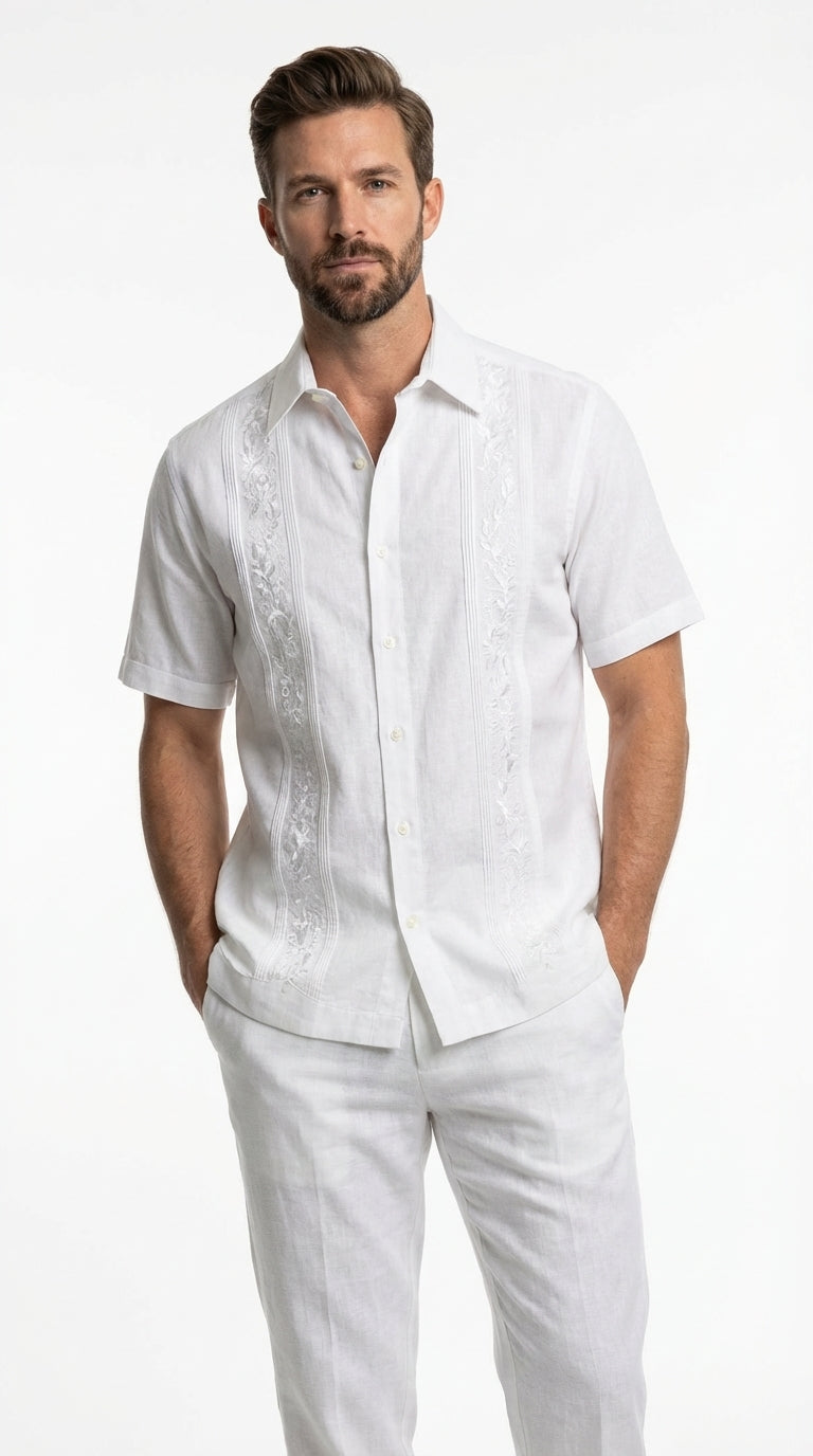 Mens White Embroidered Walking Suit Set ā Short Sleeve Shirt and Pants Casual Summer Outfit for Vacation, Beach and Everyday Wear