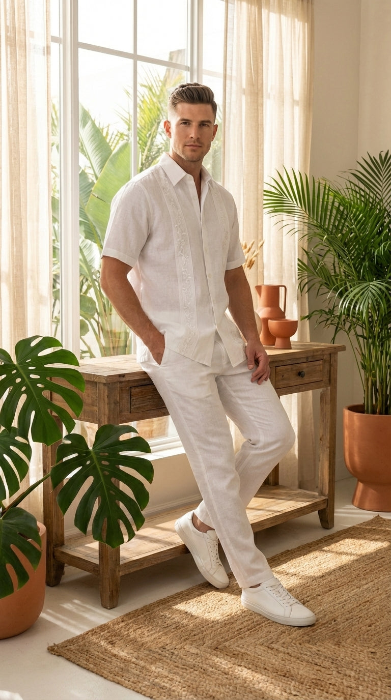 Mens White Embroidered Walking Suit Set ā Short Sleeve Shirt and Pants Casual Summer Outfit for Vacation, Beach and Everyday Wear