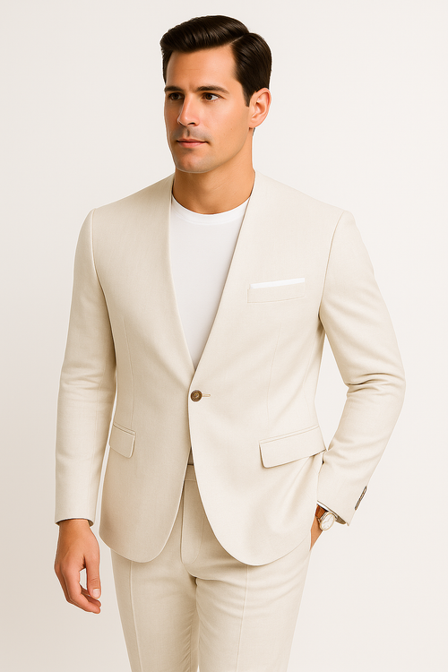 White linen suit: collarless blazer (single button, pockets) & straight-leg pants. Lightweight, breathable fabric. Minimalist design, neutral color, ideal for warm weather. No visible patterns.