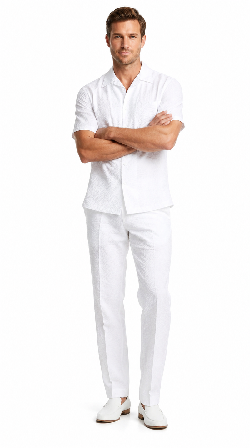 Mens White Seersucker Walking Suit Set – Casual Summer Short Sleeve Outfit with Matching Pants Lightweight Two Piece Set