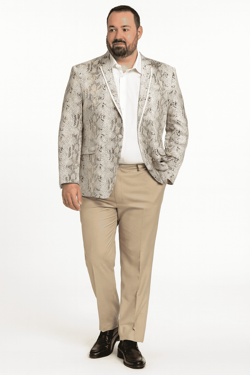 Men's white snake print blazer with slim fit and alligator pattern. Smooth material, contrasting white lapels and buttons.