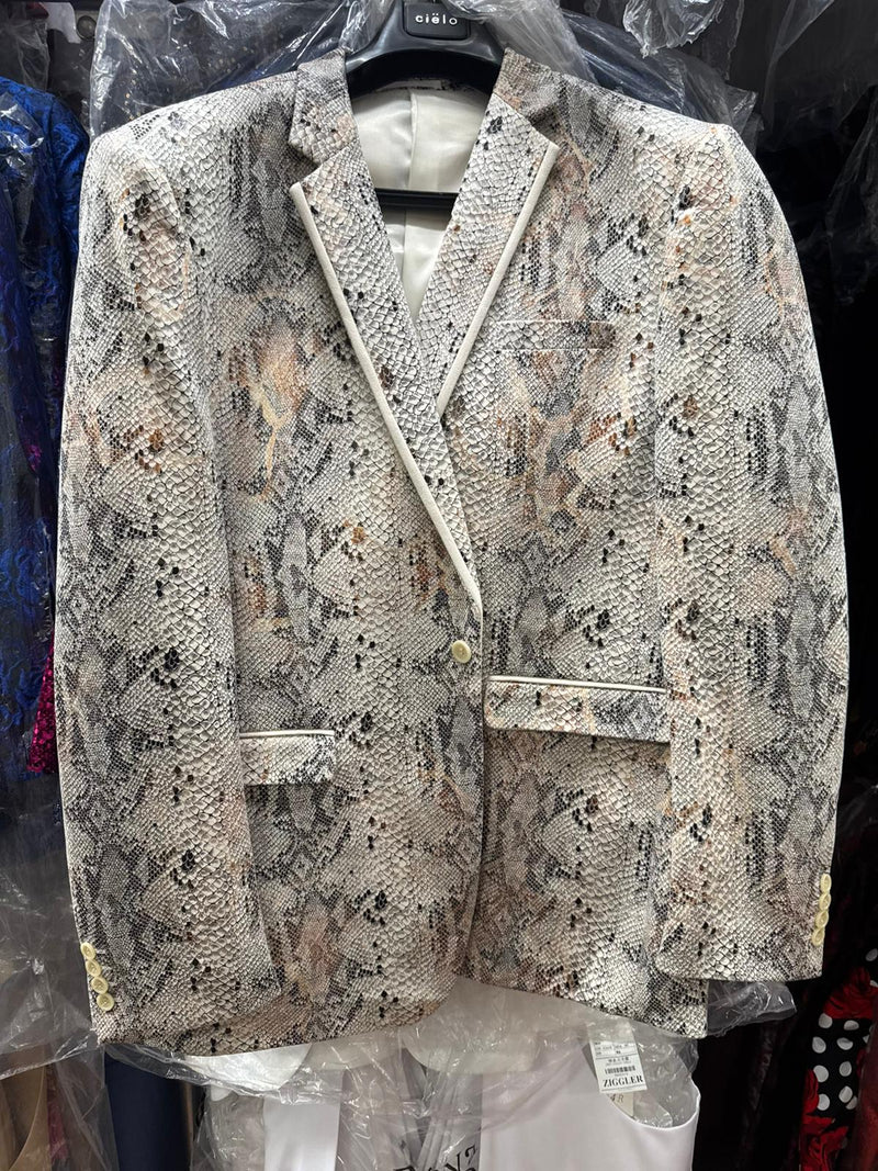Men's white snake print blazer in slim fit with alligator crocodile pattern. Structured silhouette, notch lapel, two pockets, and textured surface. White with gray & earthy tones. Lined interior.