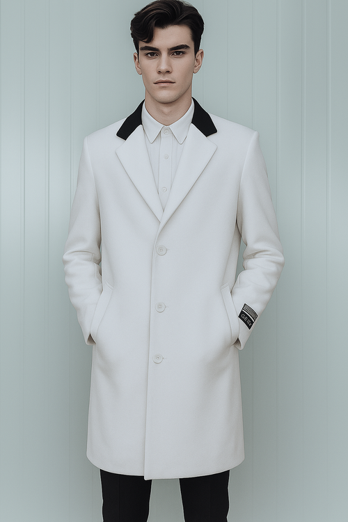Belted White Wool And Cashmere Mens Overcoat