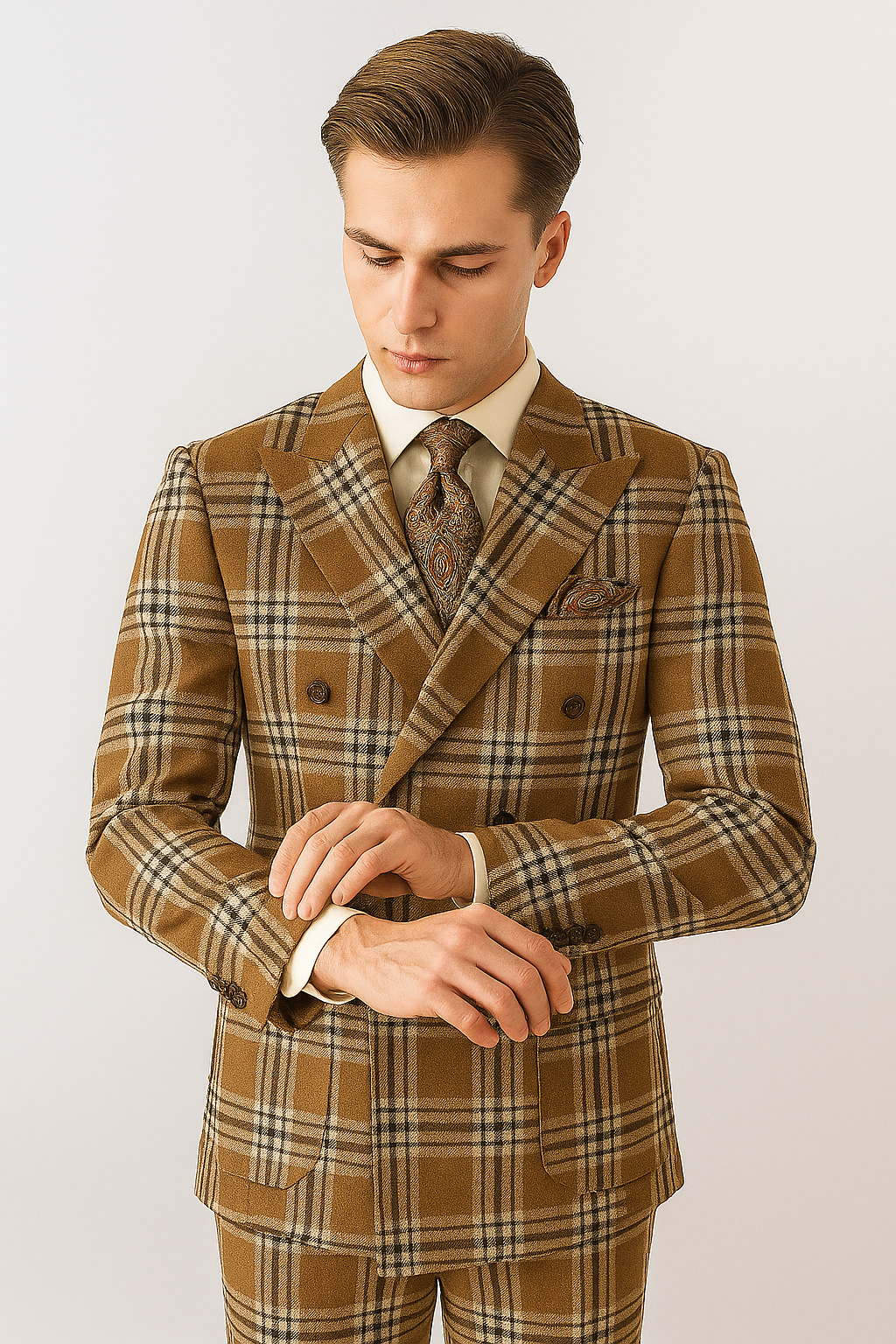 "Men's Double Breasted Wool Suit, Three Quarter Length, Tan & Brown Windowpane Plaid"