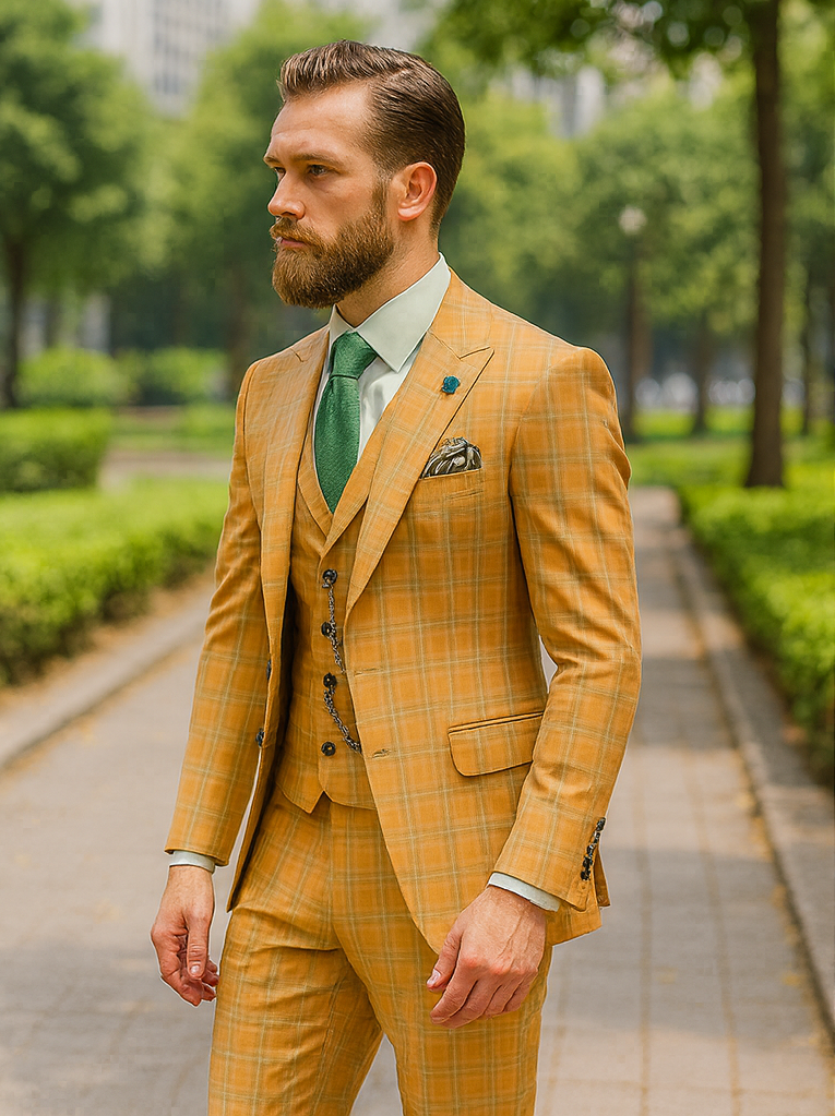 Designer Yellow Plaid Suit with Vest and Chain – Formal Attire