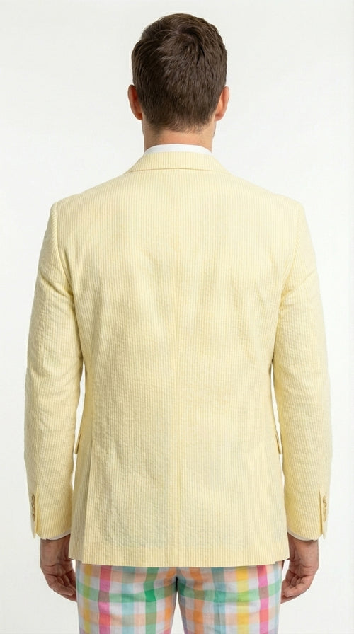 Mens Yellow Seersucker Blazer – Lightweight Summer Sport Coat Formal Casual Wedding Party Jacket