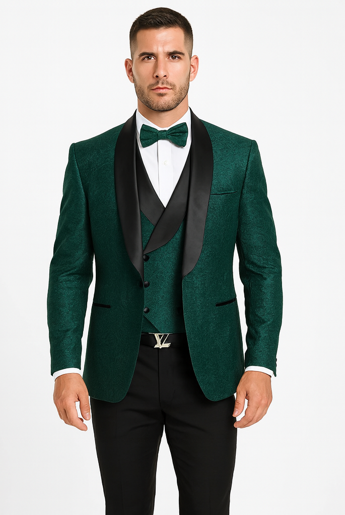 Men’s Designer Hunter Green Tuxedo – Vested Floral Lace Wedding Outfit