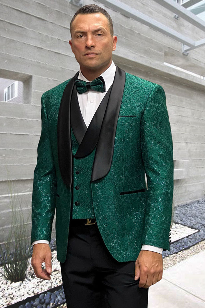Men’s Designer Hunter Green Tuxedo – Vested Floral Lace Wedding Outfit