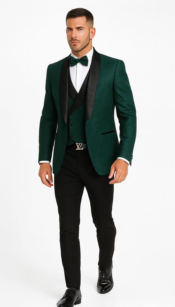 Men’s Designer Hunter Green Tuxedo – Vested Floral Lace Wedding Outfit