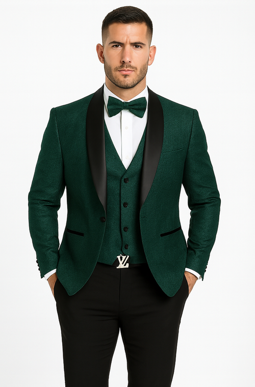 Men’s Designer Hunter Green Tuxedo – Vested Floral Lace Wedding Outfit