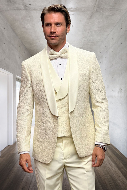 Men’s Designer Ivory Tuxedo – Elegant Vested Floral Lace Wedding Suit