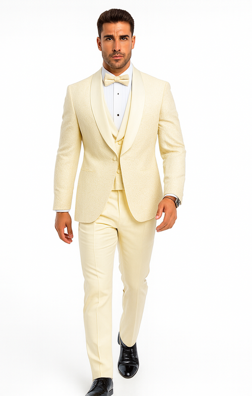 Men’s Designer Ivory Tuxedo – Elegant Vested Floral Lace Wedding Suit