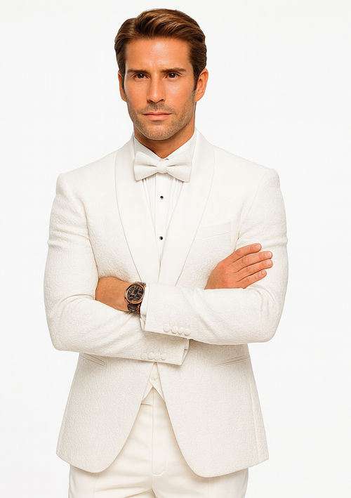 Men’s Designer White Tuxedo – Elegant Vested Floral Lace Wedding Suit