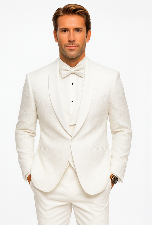 Men’s Designer White Tuxedo – Elegant Vested Floral Lace Wedding Suit