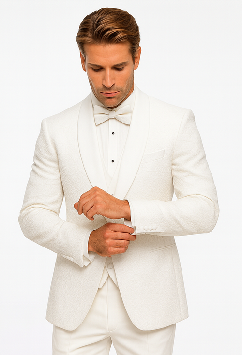 Men’s Designer White Tuxedo – Elegant Vested Floral Lace Wedding Suit