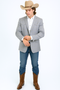 Men's grey western blazer: double-breasted, tailored fit, structured shoulders, subtle plaid pattern. Lightweight, smooth fabric with cowboy-inspired seam detailing and front pockets.