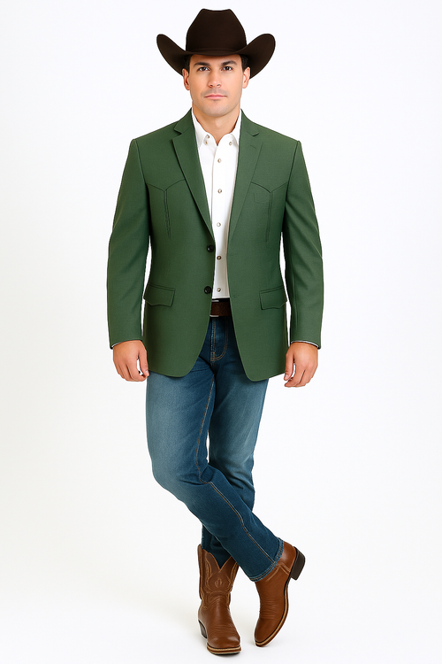 Men's green western blazer with tailored fit and structured material. Features: double-button closure, pointed lapels, dual chest pockets, single vent. Solid green color, worn with a white collared shirt.