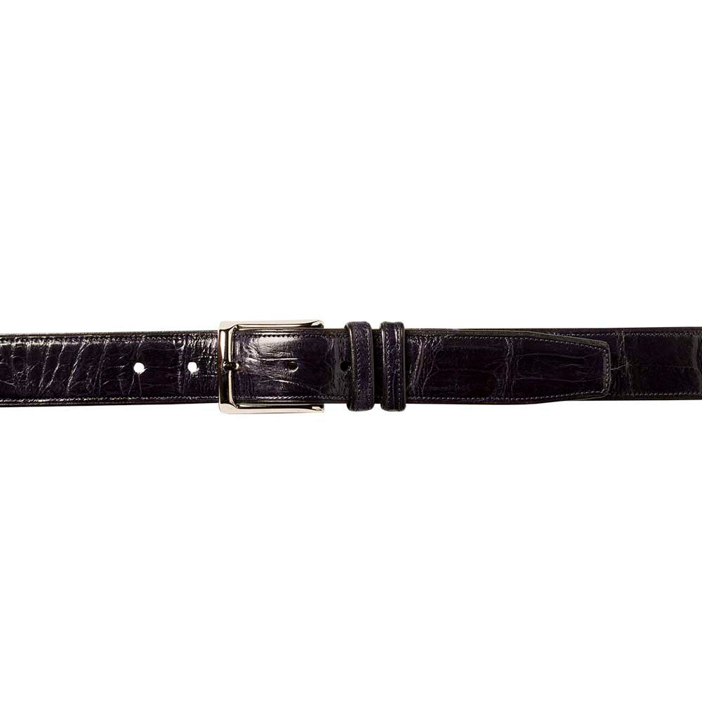Mezlan AO7907 alligator belt. Rectangular, glossy, blue alligator leather. Silver buckle, multiple adjustment holes. Features distinctive textured pattern.