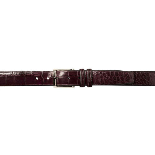 Burgundy Mezlan AO7907 alligator belt. Shiny, smooth surface with a unique alligator pattern. Silver buckle. Adjustable fit with multiple holes.