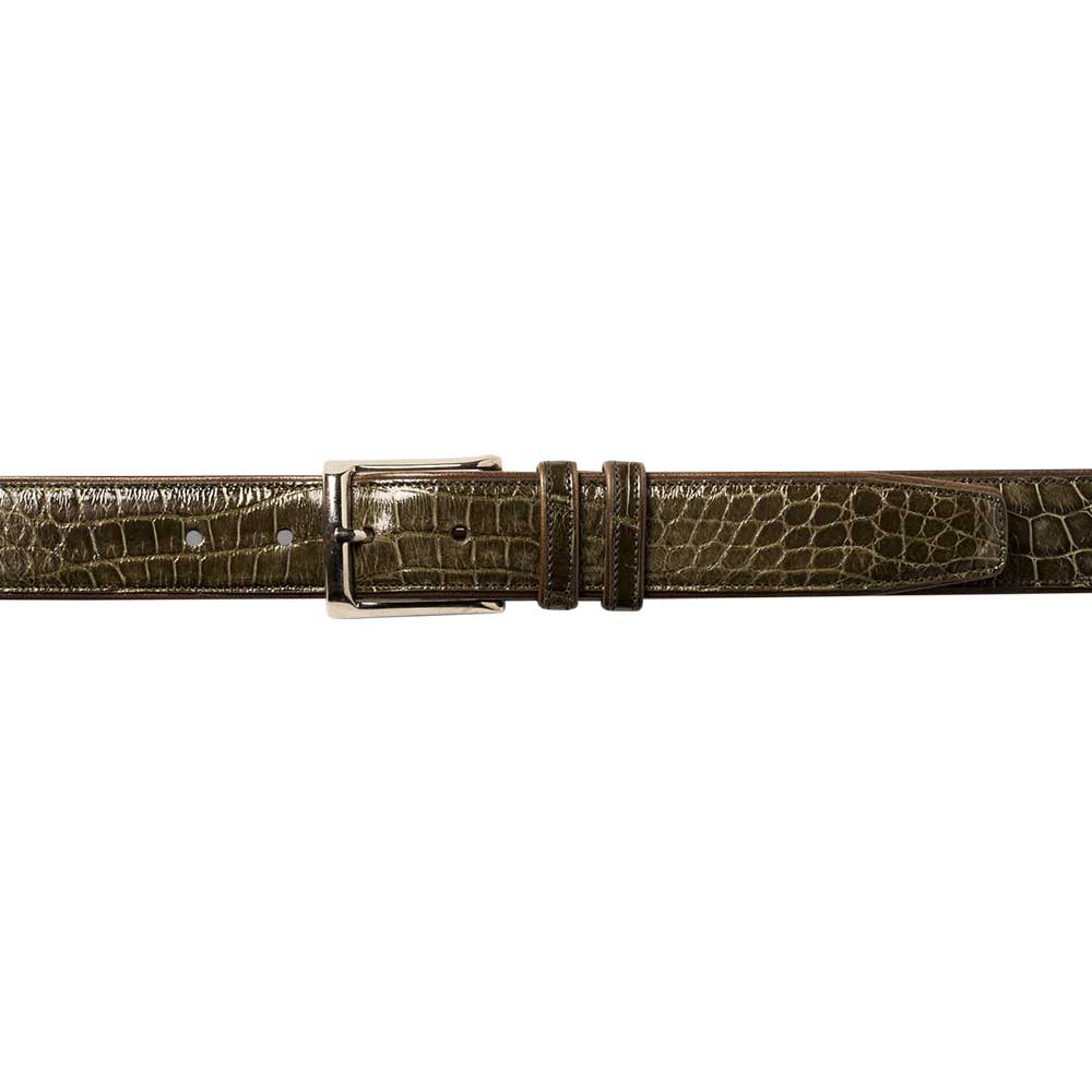 Olive green Mezlan AO7907 alligator belt. Narrow, polished finish. Features textured alligator skin, rectangular metallic buckle, and multiple adjustment holes. Includes keepers for excess strap.
