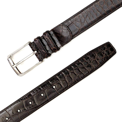 Dark brown Mezlan AO7907 alligator belt. Genuine leather with a smooth, shiny texture and a distinct alligator pattern. Silver rectangular buckle. Adjustable with multiple holes.