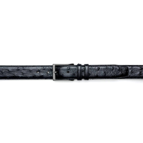 Black Mezlan AO8146 ostrich belt. Textured surface with ostrich markings. Silver buckle. 1.5" wide. Straight, uniform shape with adjustable holes.