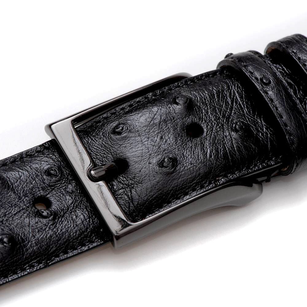 Black Mezlan AO8146 ostrich belt. Textured surface with small bumps. Rectangular silver buckle. Adjustable with evenly spaced holes. High-quality and stylish.