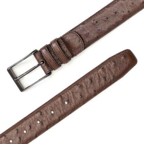 Genuine Mezlan AO8146 ostrich belt in tabac brown. Narrow, textured design with quill marks. Adjustable metal buckle. Rounded tip. Crafted from genuine ostrich leather.