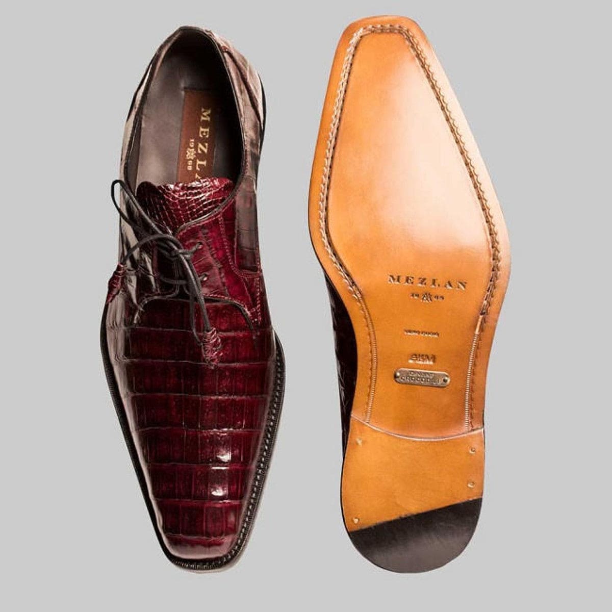 Mezlan Anderson Men's Burgundy Crocodile Shoes – Handmade Plain Toe Dress Shoes
