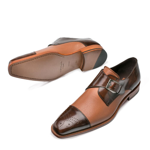 Mezlan Phoenix Men’s Monk Strap – Camel Deerskin Leather Cap Toe Dress Shoe, Handmade in Spain