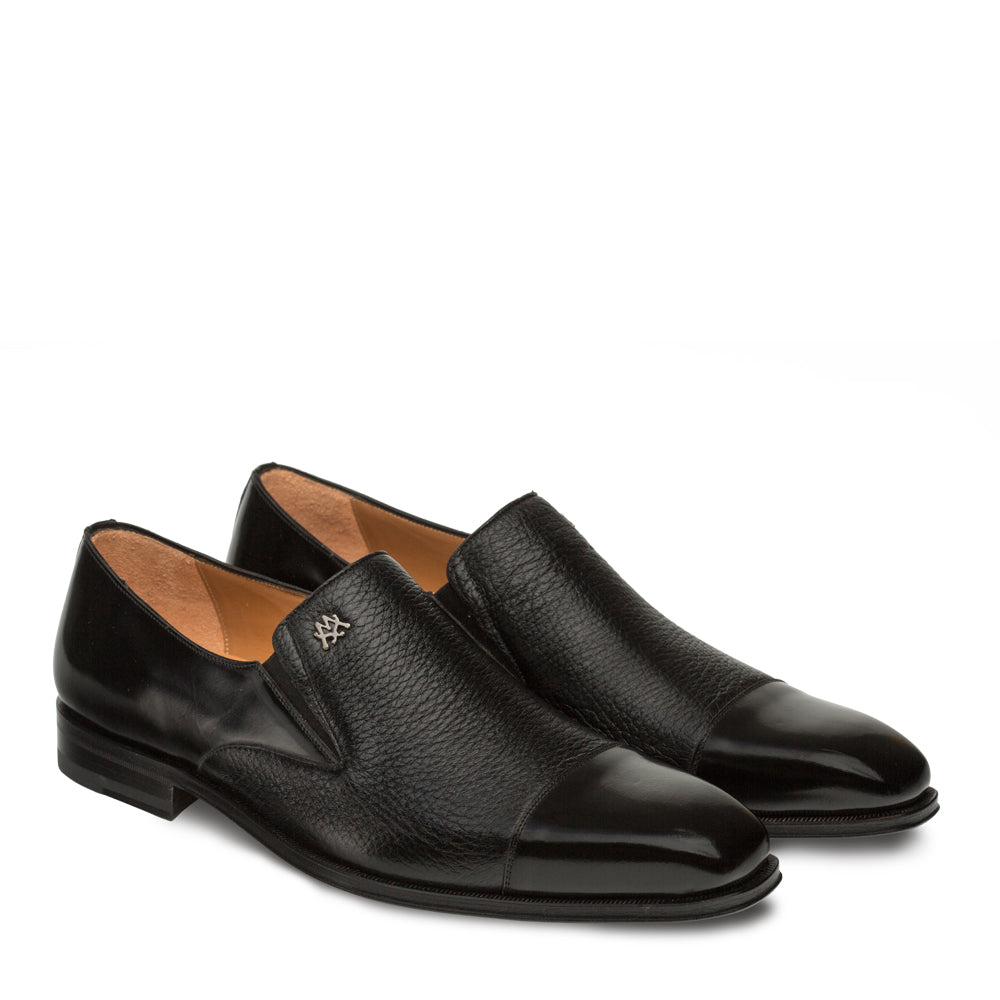 Mezlan Milani Men’s Cap Toe Loafer – Black Calfskin and Deerskin Leather Slip-On Dress Shoe, Handmade in Spain