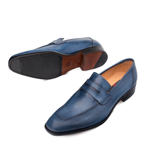 Men's deep blue calfskin penny loafers with slip-on design. Rounded toe, raised heel, tan lining. Textured outsole for grip. Classic style.