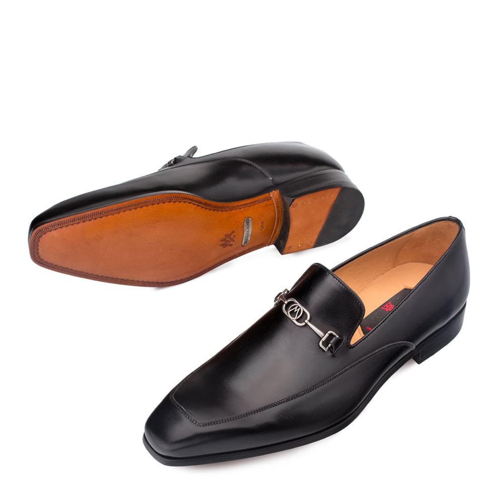 Mezlan Falcon Men’s Black Calfskin Slip-On Dress Loafer with Silver Ornament