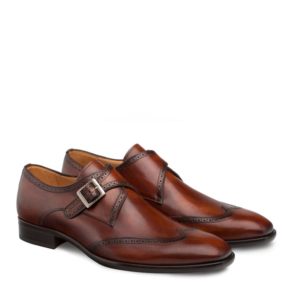 Mezlan Forest Men’s Cognac Calfskin Wingtip Monk Strap Dress Shoe