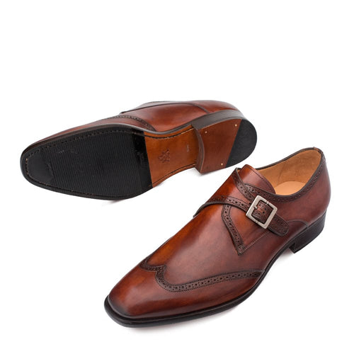 Mezlan Forest Men’s Cognac Calfskin Wingtip Monk Strap Dress Shoe