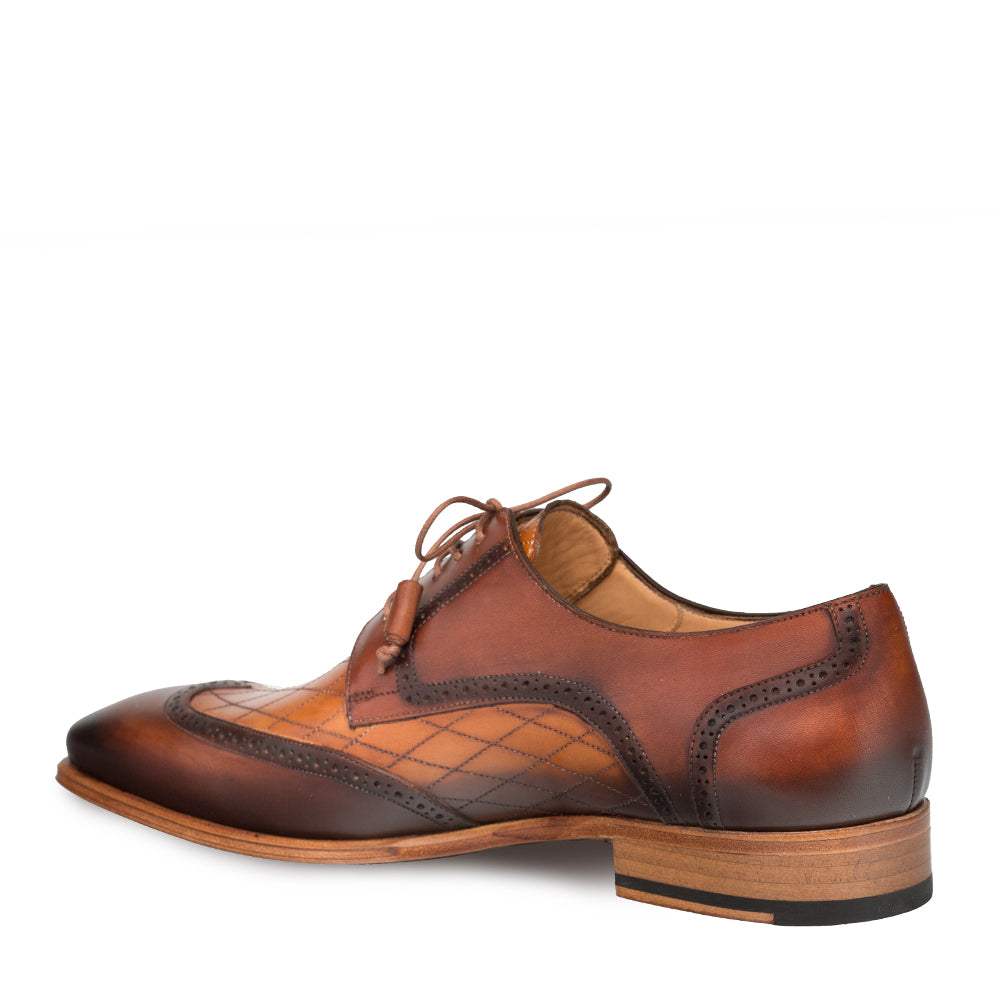 Mezlan Argento Men’s Cognac Wingtip Blucher – Diamond Etched Calfskin Dress Shoe