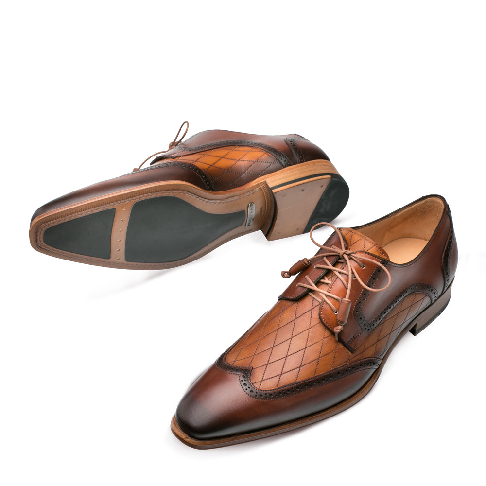 Mezlan Argento Men’s Cognac Wingtip Blucher – Diamond Etched Calfskin Dress Shoe