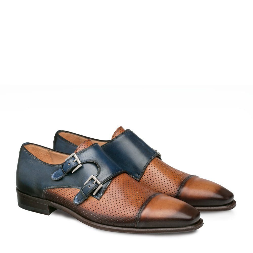Mezlan Saber Men’s Tan & Blue Two-Tone Calfskin Double Monk Strap Dress Shoes – Handmade Luxury
