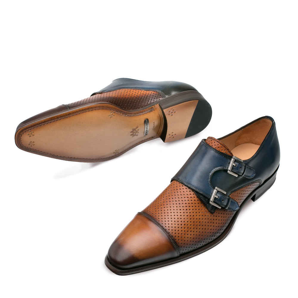 Mezlan Saber Men’s Tan & Blue Two-Tone Calfskin Double Monk Strap Dress Shoes – Handmade Luxury