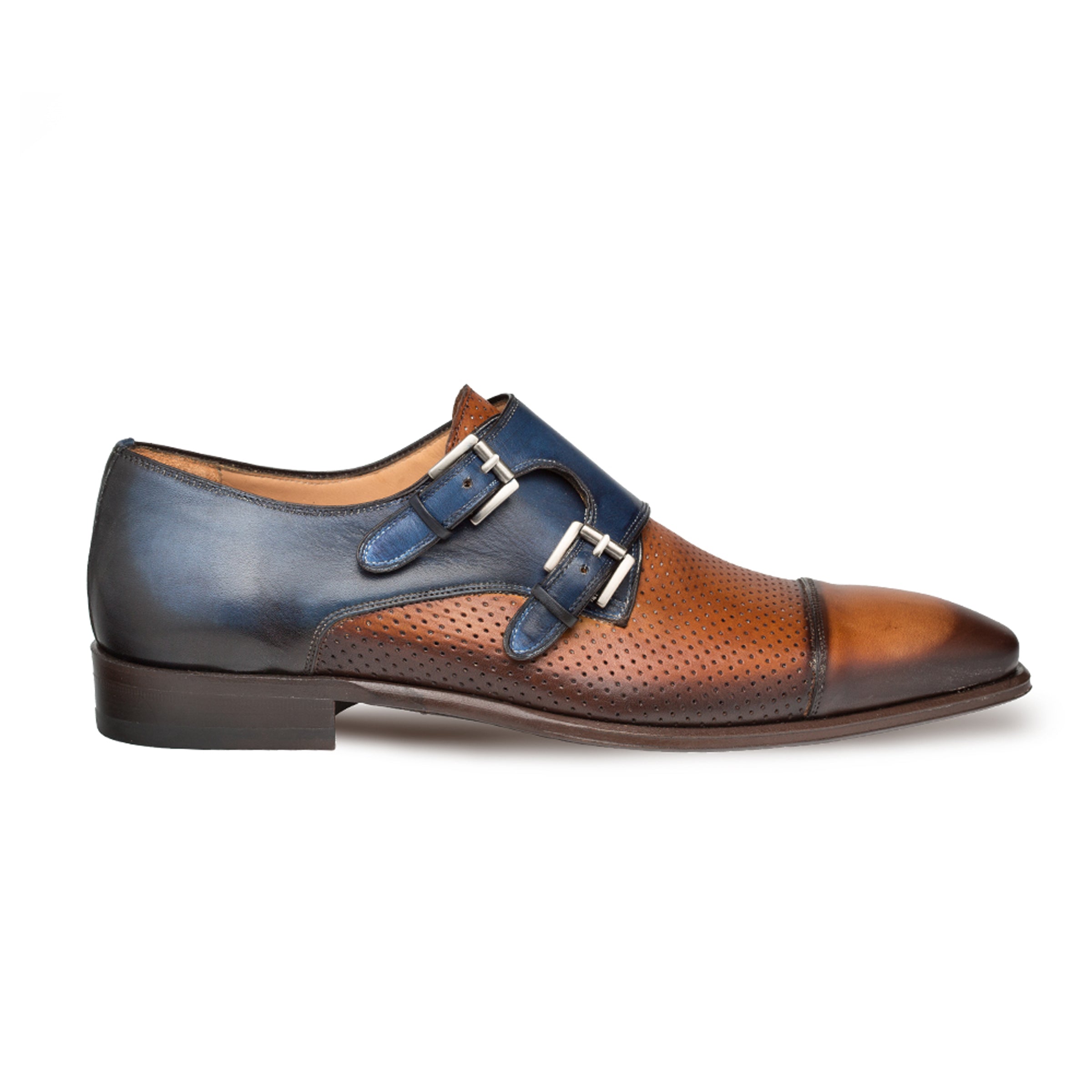 Mezlan Saber Men’s Tan & Blue Two-Tone Calfskin Double Monk Strap Dress Shoes – Handmade Luxury