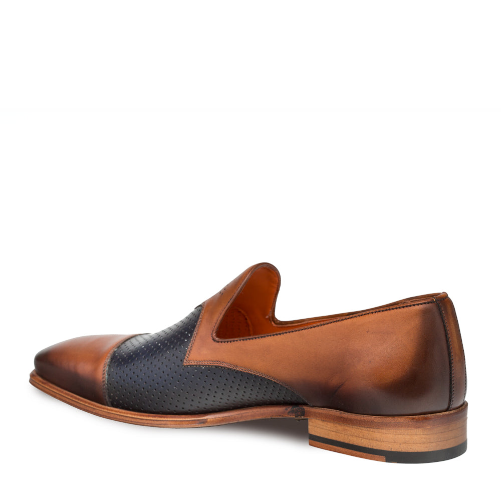 Mezlan Bora Men’s Tan & Blue Two‑Tone Calfskin Cap Toe Loafers – Handmade Luxury