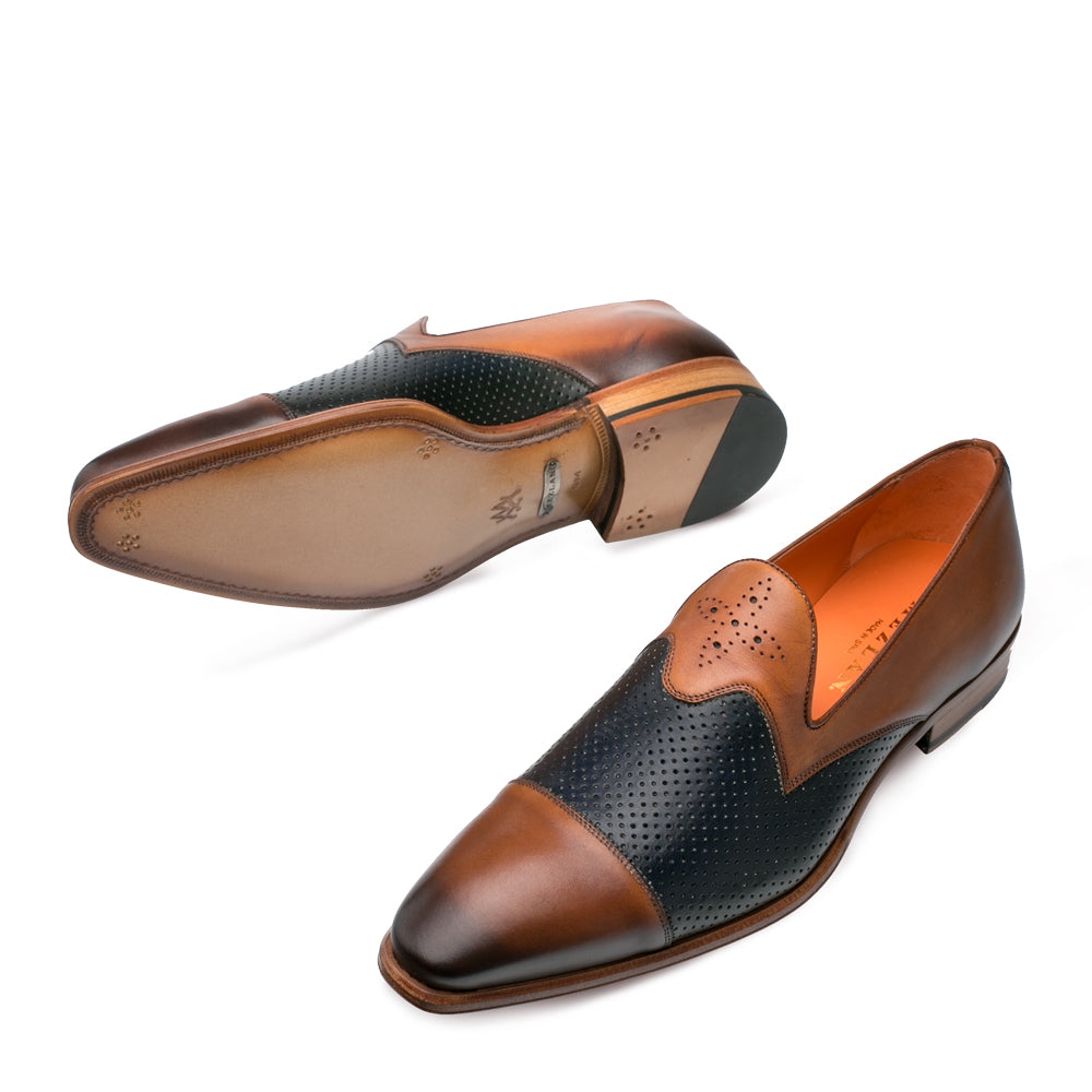 Mezlan Bora Men’s Tan & Blue Two‑Tone Calfskin Cap Toe Loafers – Handmade Luxury