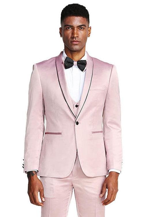 Rose Pink Men's Slim Fit Satin Tuxedo Suit - Vested Prom & Wedding Wear