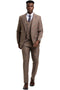 Men's Stacy Adams light brown plaid, one-button peak lapel double-breasted vest suit. Structured silhouette with slim-fit trousers. Features matching vest with three buttons.