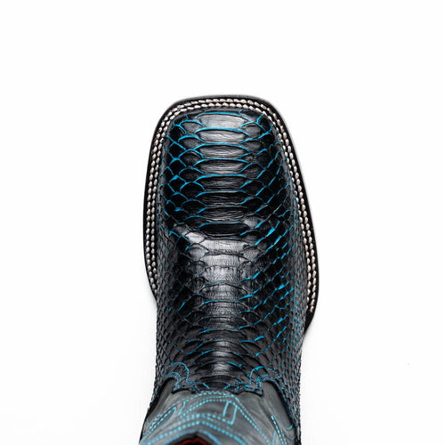 Marco Di Milano Missouri cowboy boots in black python leather with square toe. Textured pattern, blue stitching, and decorative trim enhance the design.