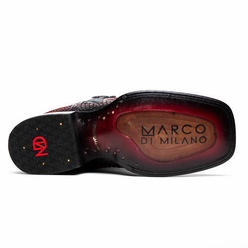 Black cherry python cowboy boots by Marco Di Milano. Square toe design with dark red/black snake skin texture. Sole features dark design & rounded studs for traction, branded "MARCO DI MILANO."