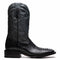 Marco Di Milano Missouri cowboy boots. Black python skin body with decorative stitching on a black leather shaft, square toe, and stacked wooden heel for a raised appearance.