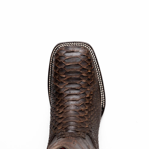 Marco Di Milano Missouri cowboy boots: dark brown, textured python skin. Square toe design with prominent outline. White stitching detail on toe. Smooth finish, visible python scales.