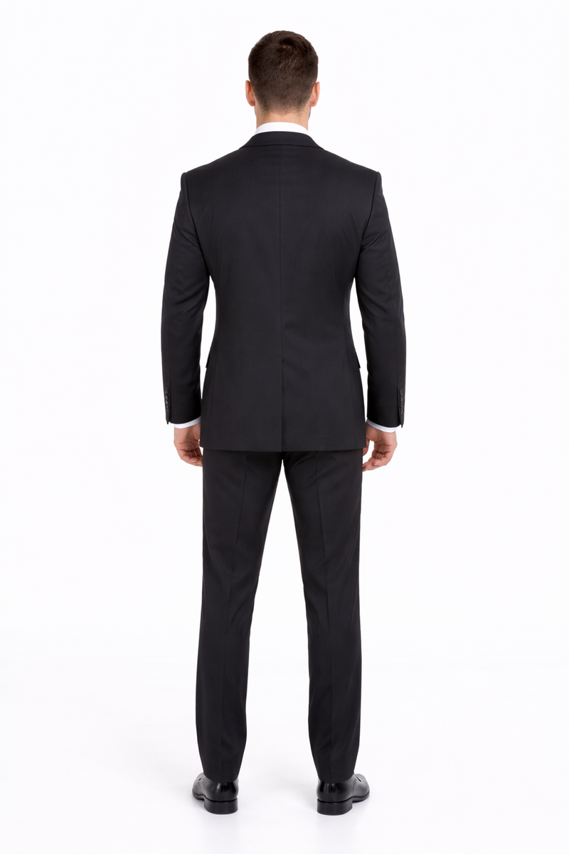 Mix And Match Suits Men's Black Portly Fit Tonal Pinstriped Pattern Two Button Super 130'S Suit Executive Fit Suit - Mens Portly Suit